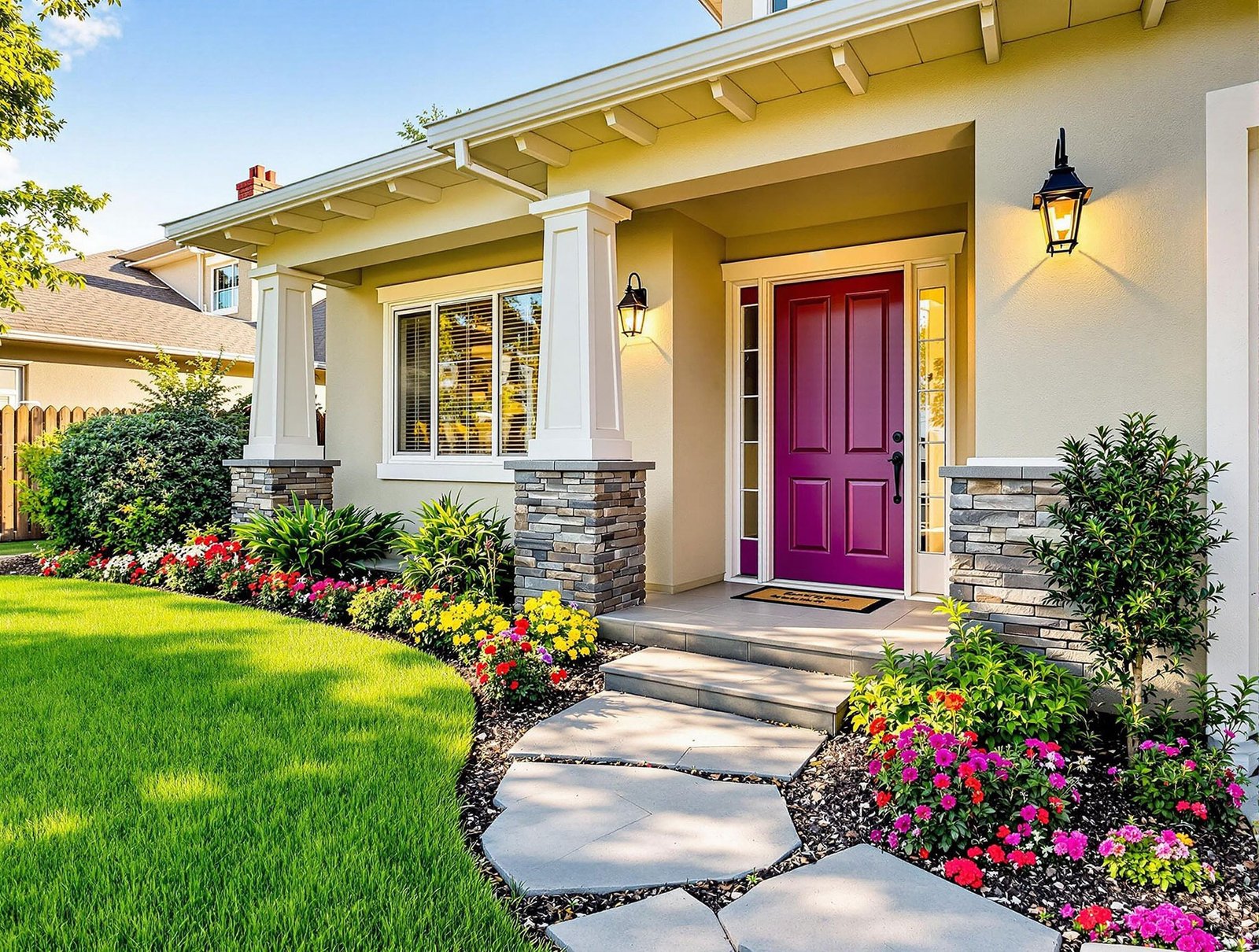 Beautiful front entry with custom exterior door, stone columns, and landscaped walkway